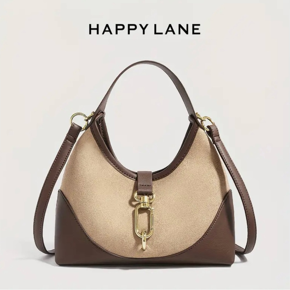 Happy Lane Two-Tone Hobo Shoulder Bag Suede Brown Beige Gold Hardware NIP